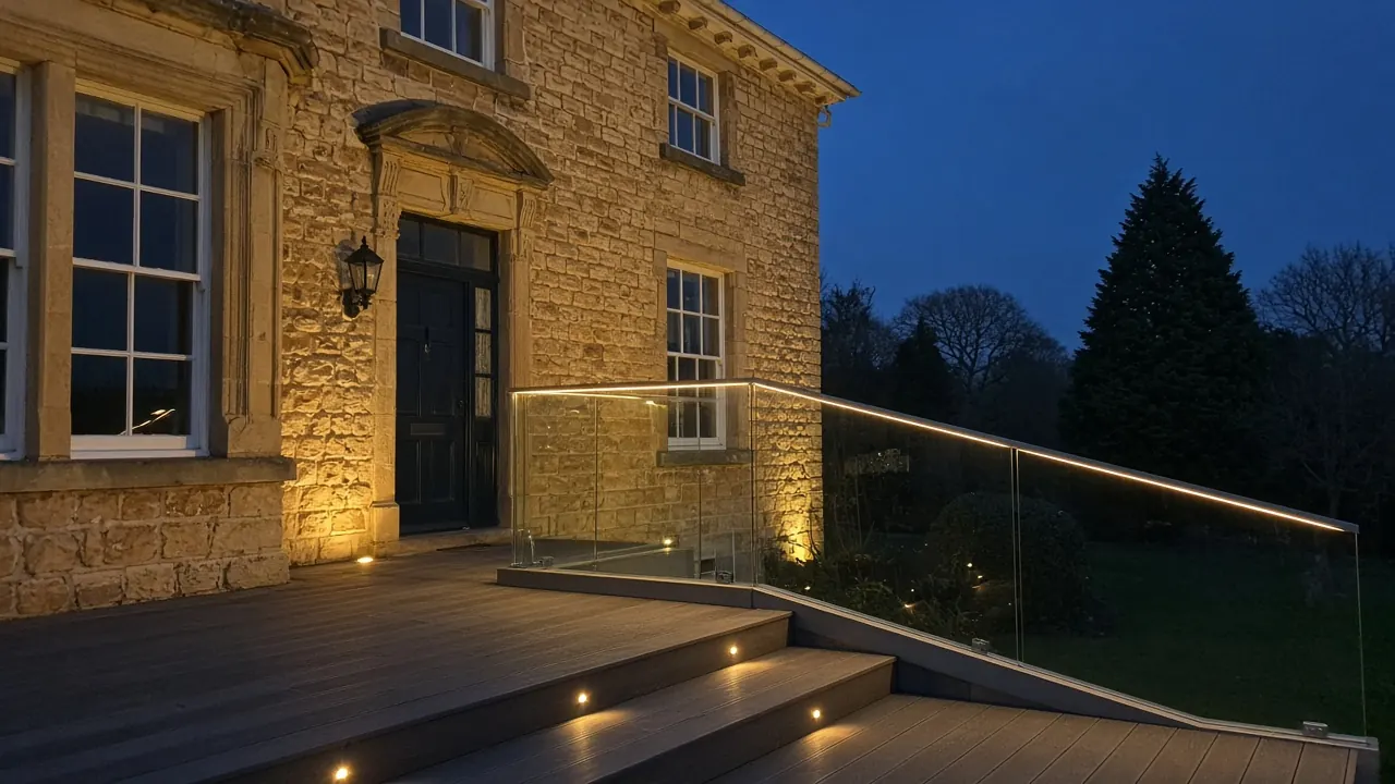 Example image: frameless glass balustrade on a deck at dusk with warm lighting