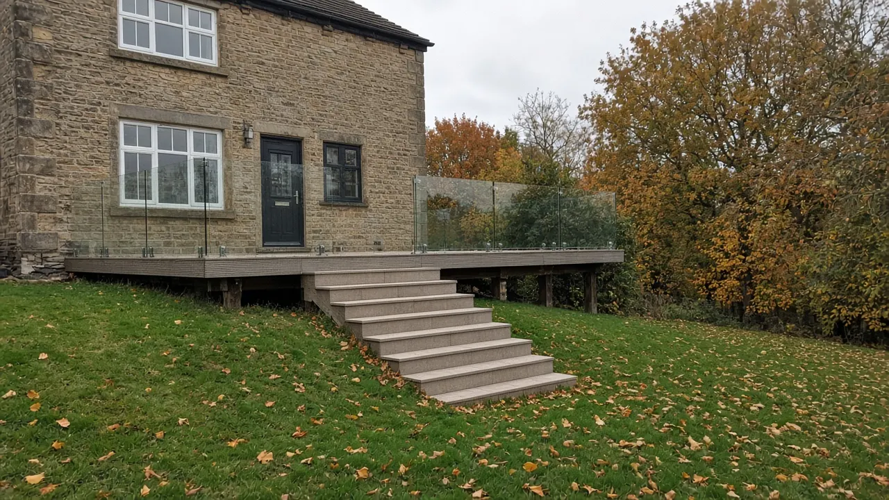 Example image: raised deck over a sloping garden with frameless glass