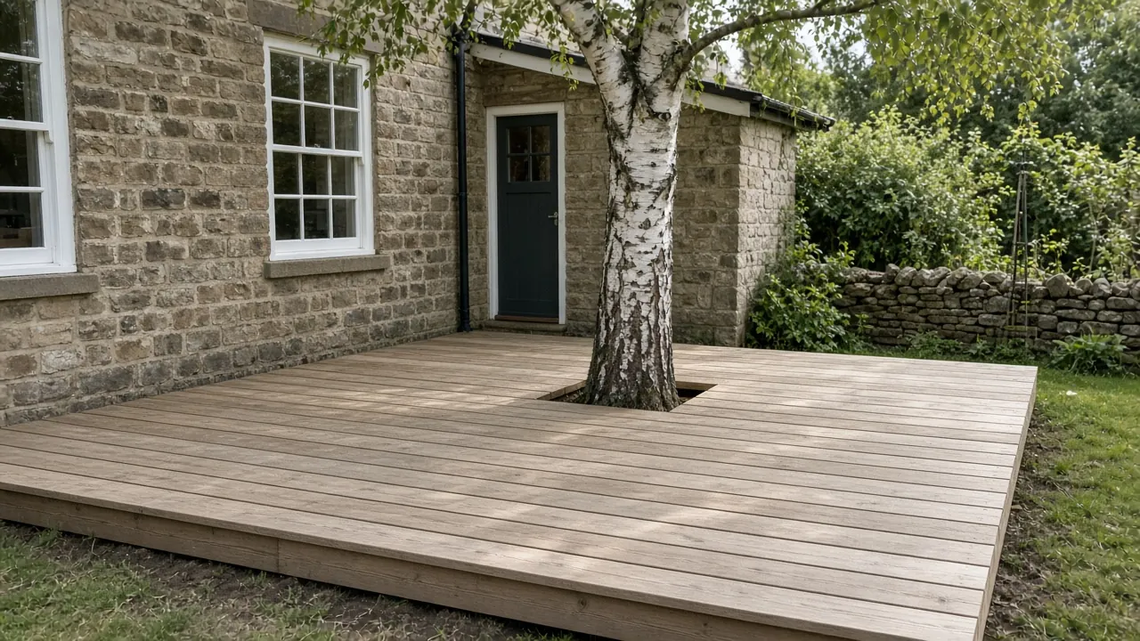 Example image: new hardwood deck built around a mature tree