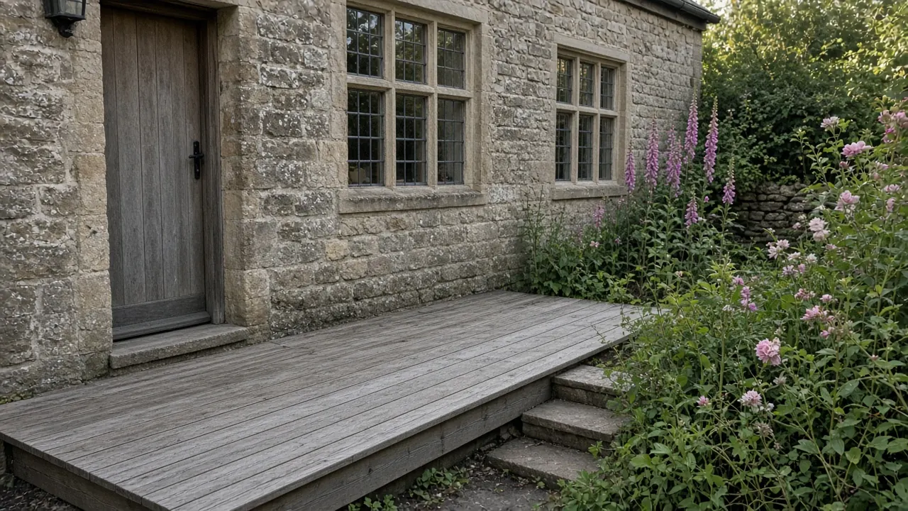 Example image: silver weathered hardwood deck beside a stone cottage in Follifoot