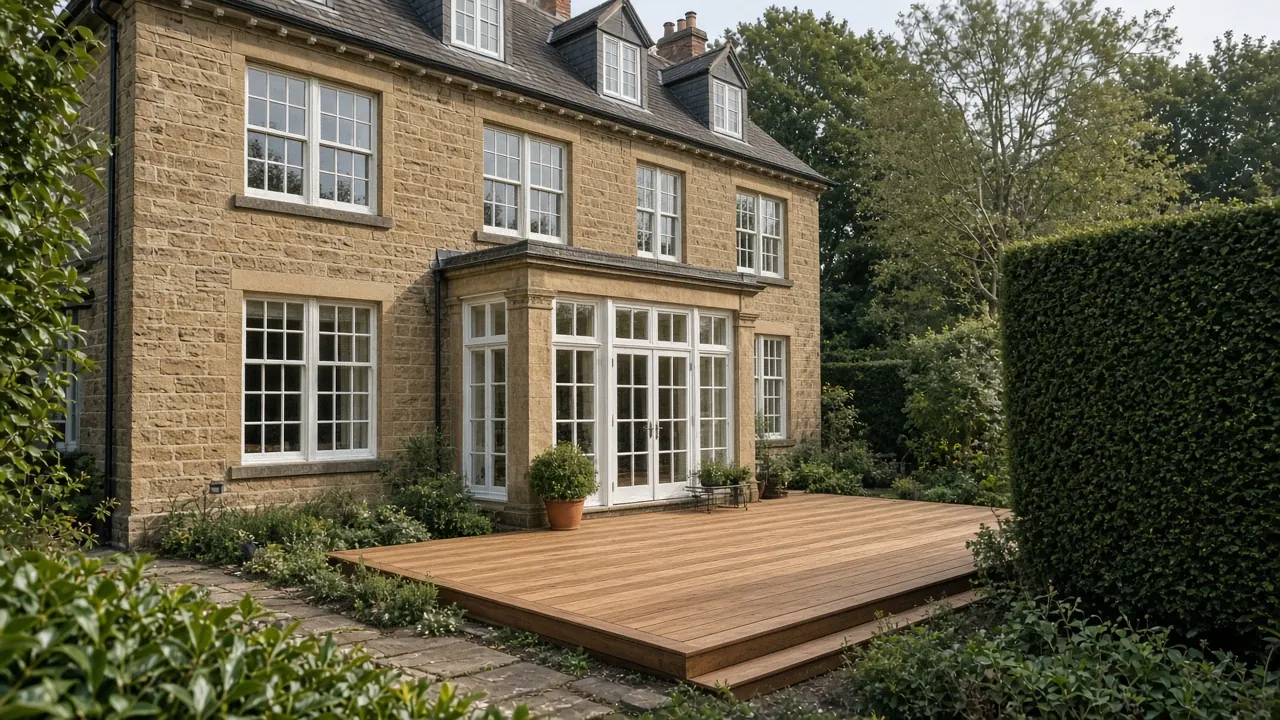 Example image: hardwood deck on one side and composite on the other of a stone house
